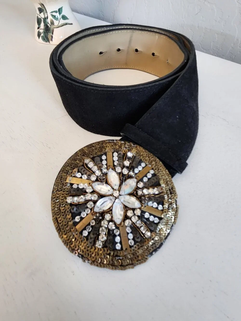 Black Suede Leather Big Belt w/Ornate Rhinestone Buckle  | Size 2X
